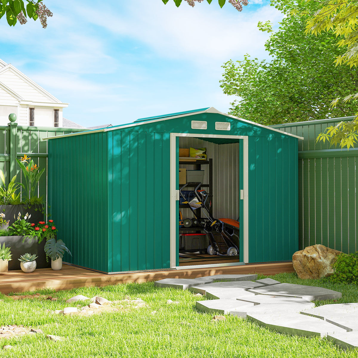 Metal Garden Storage Shed 9.1'x6.4' with Foundation Kit