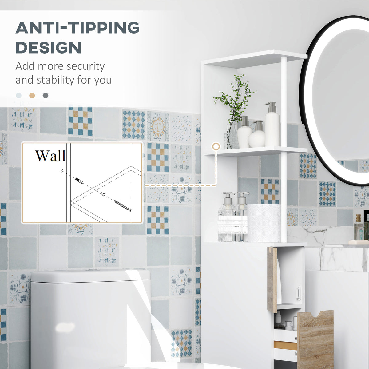Tall narrow bathroom storage cabinet in wood