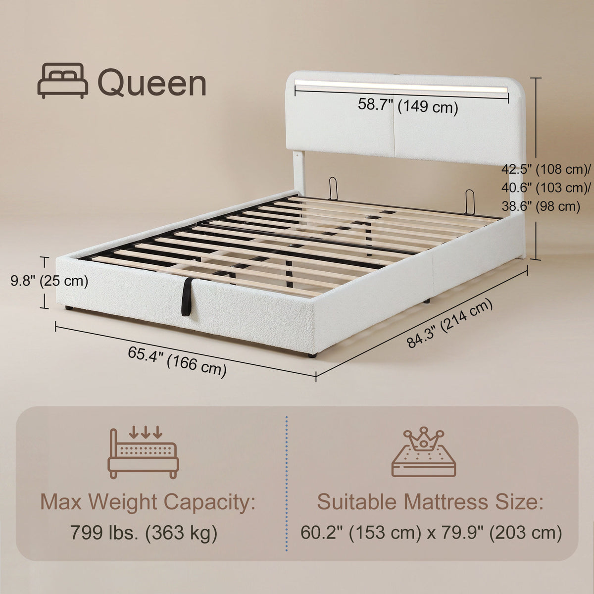 Cama Queen de plataforma con estación de carga y almacenamiento