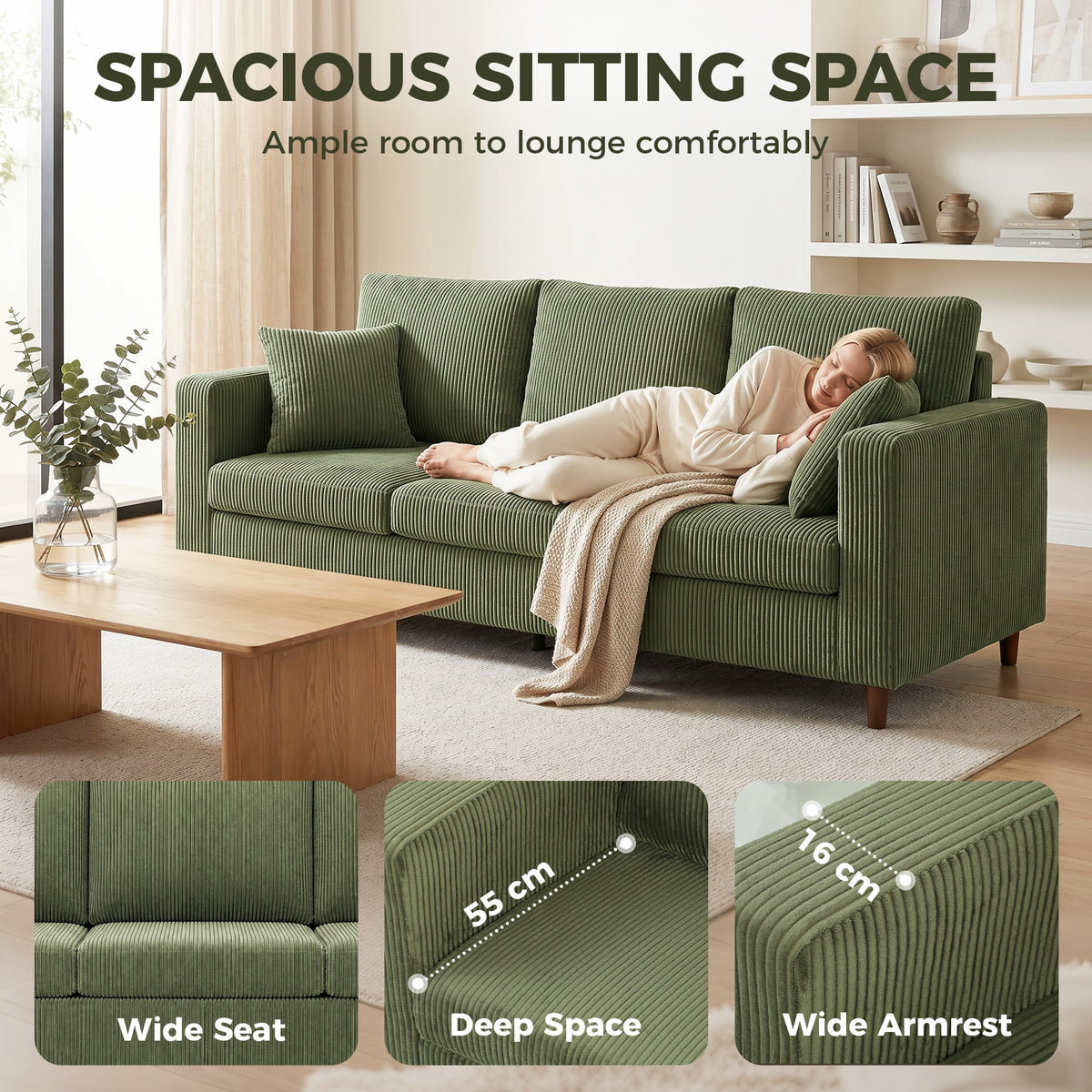 3-Seater Sofa Wide Deep Seat Corduroy with Spring Cushion