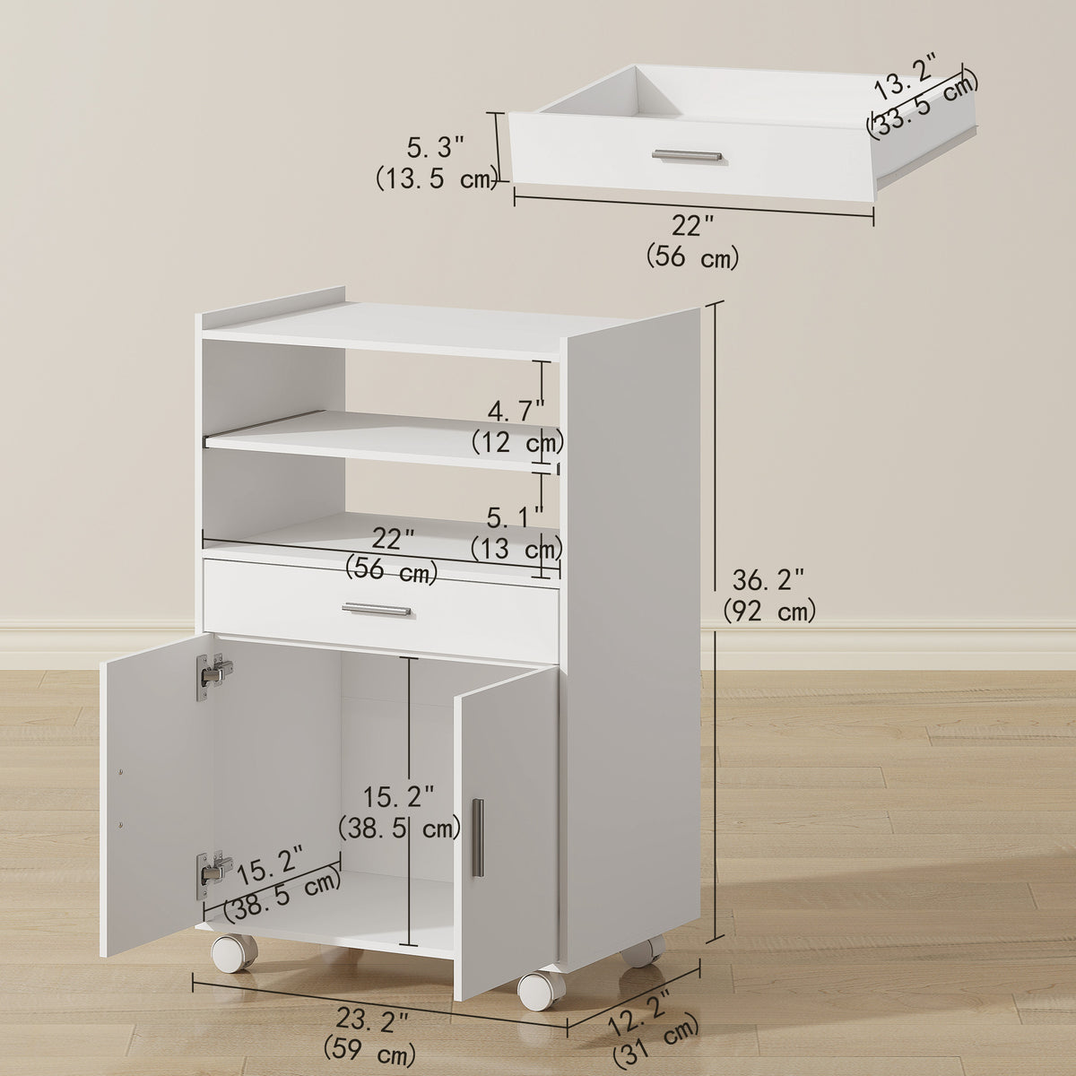 Kitchen cart on wheels with storage and drawer