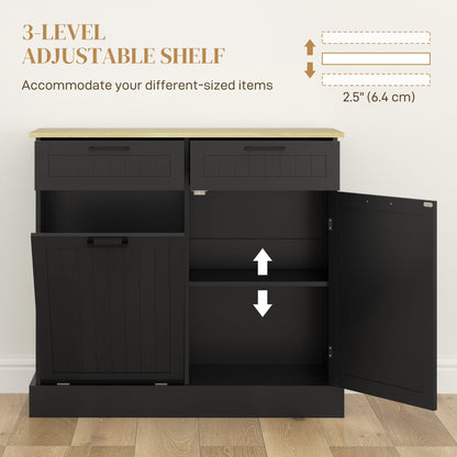 Tilt-out hidden trash can cabinet with drawers