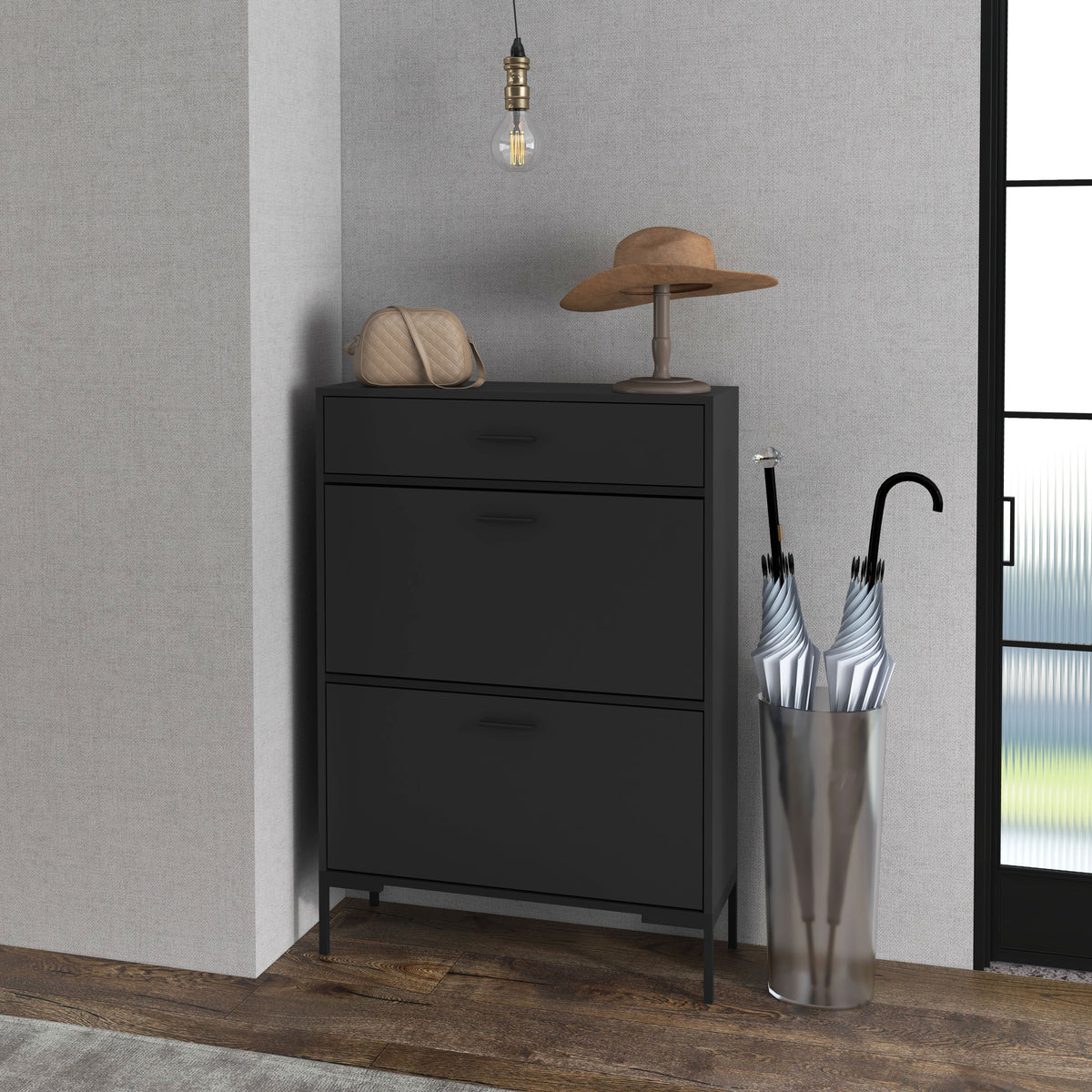 Modern shoe cabinet with two flip drawers