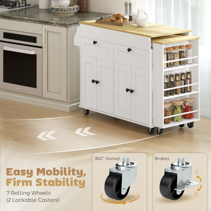 Rolling kitchen island with expandable top and power outlet