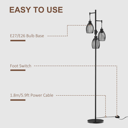 Industrial Floor Lamp 3 Hanging Cage Shades, Dimmable
