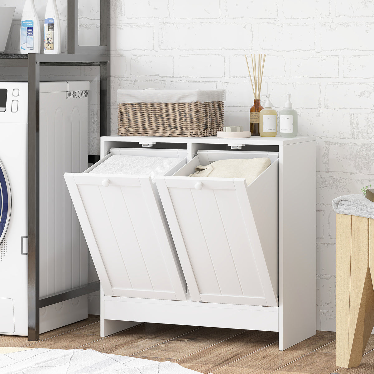 Modern tilt-out laundry hamper cabinet with two compartments