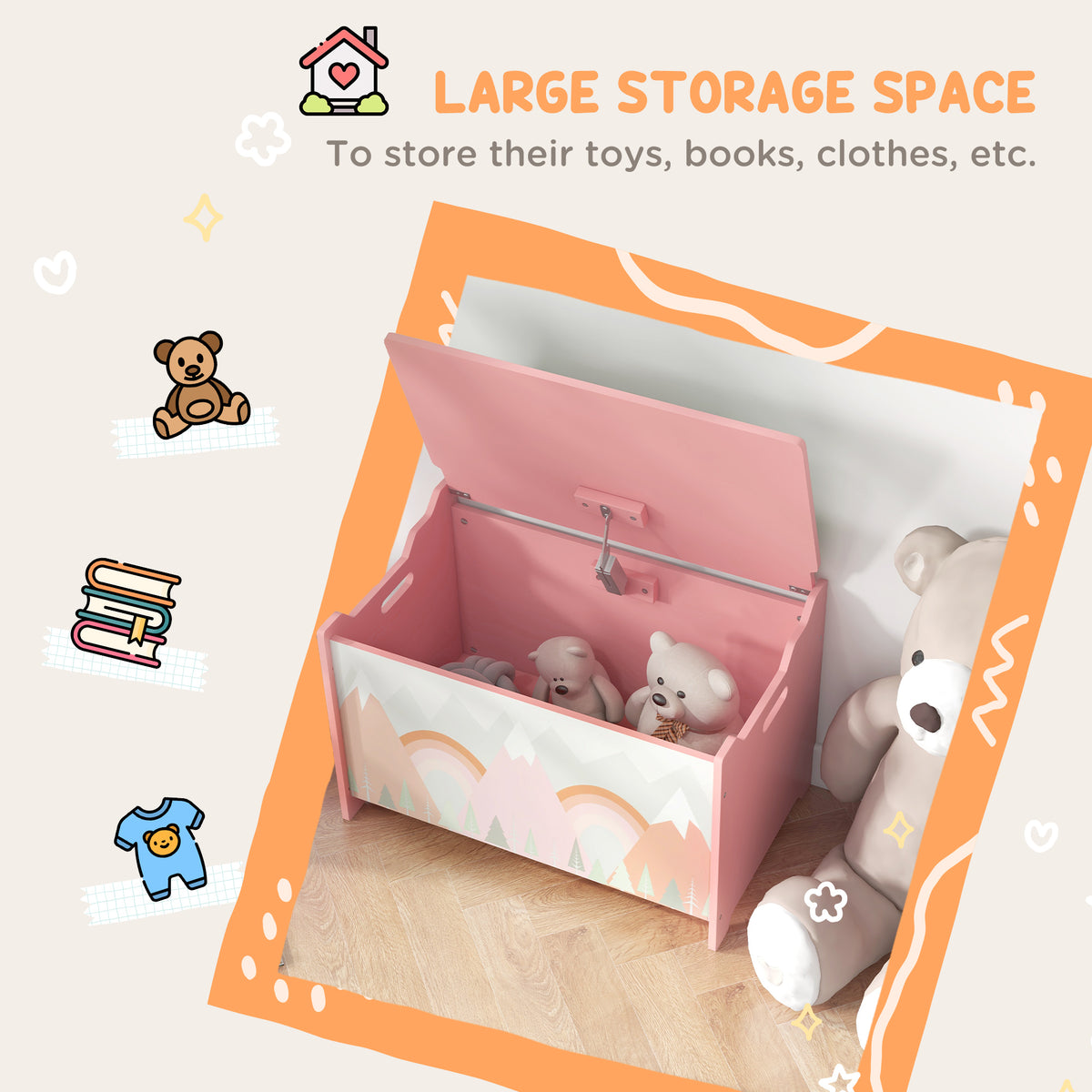 Kids Toy Box with Lid and Safety Hinges