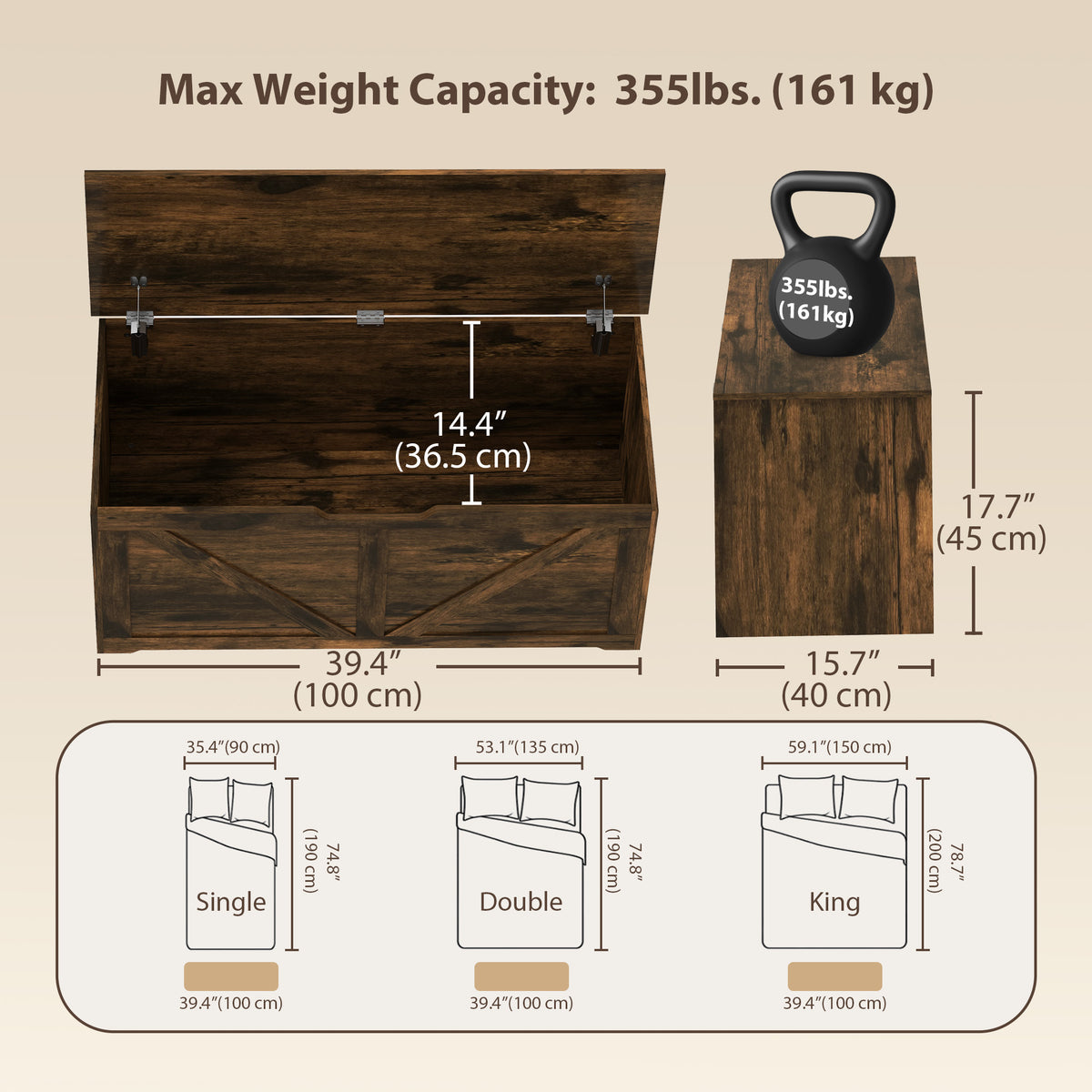 Rustic storage chest with safety hinges 100 cm