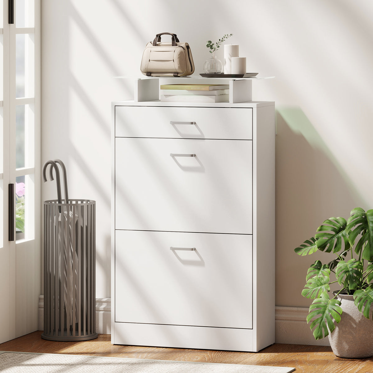 Slim flip drawer shoe cabinet