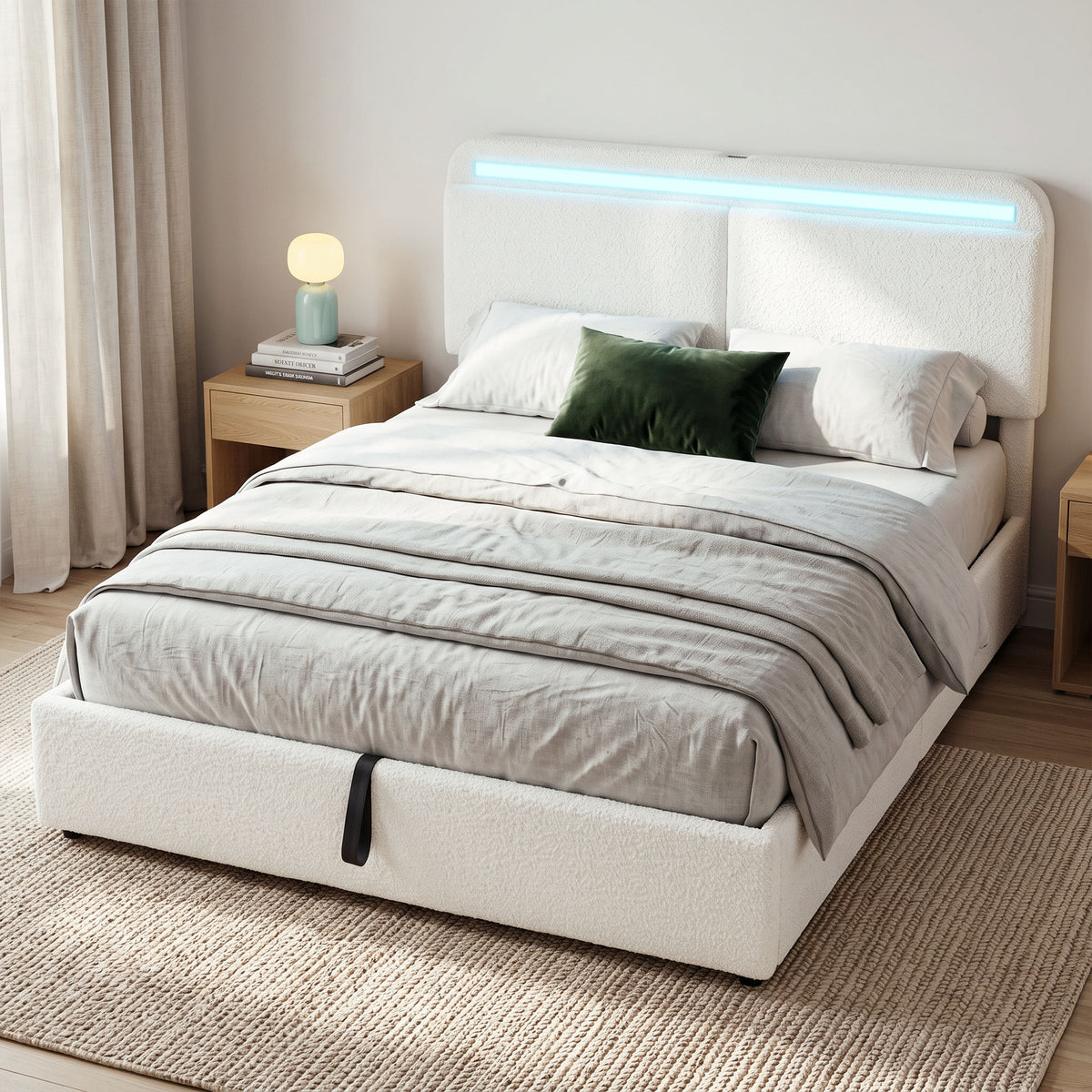 Cama Queen de plataforma con estación de carga y almacenamiento