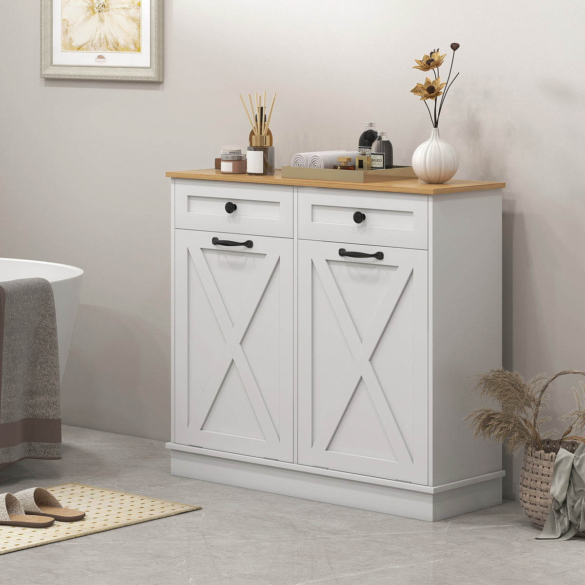 Tilt out laundry cabinet with drawers