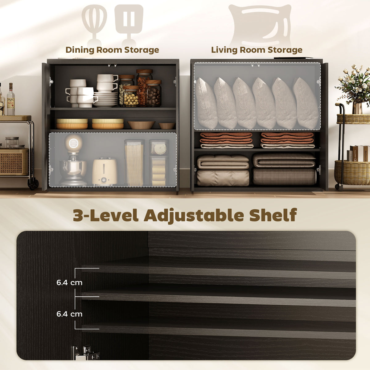 Sideboard Buffet Cabinet Fluted Push-to-Open Doors