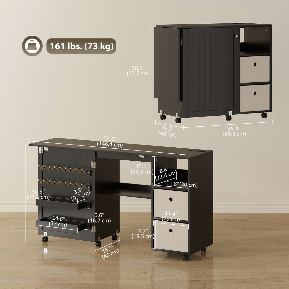 Rolling Sewing Machine Table with Power Outlet