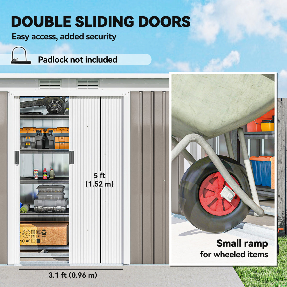 Galvanized Steel Garden Shed with Double Sliding Doors