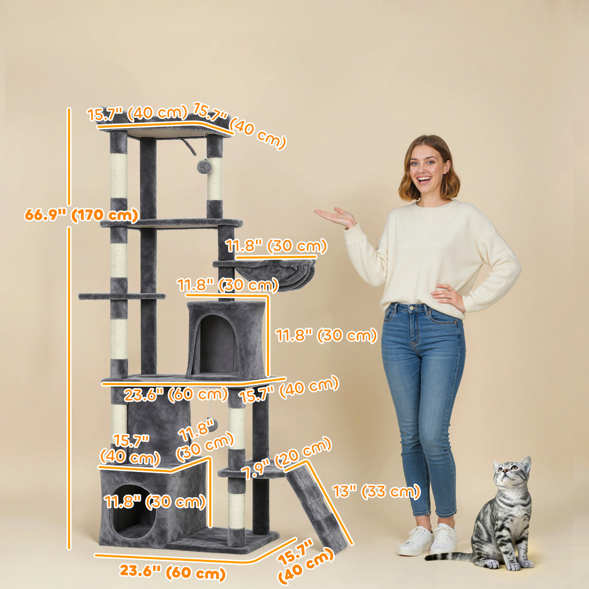 67" Multi-Level Cat Tree with 7 Scratching Posts — Dark Grey