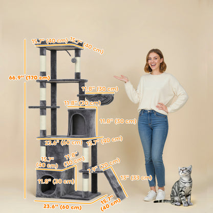67" Multi-Level Cat Tree with 7 Scratching Posts — Dark Grey
