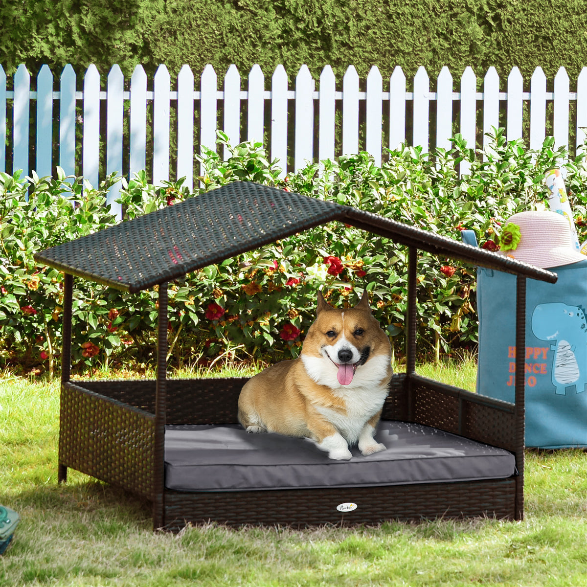 Elevated Rattan Dog House with Canopy Shelter