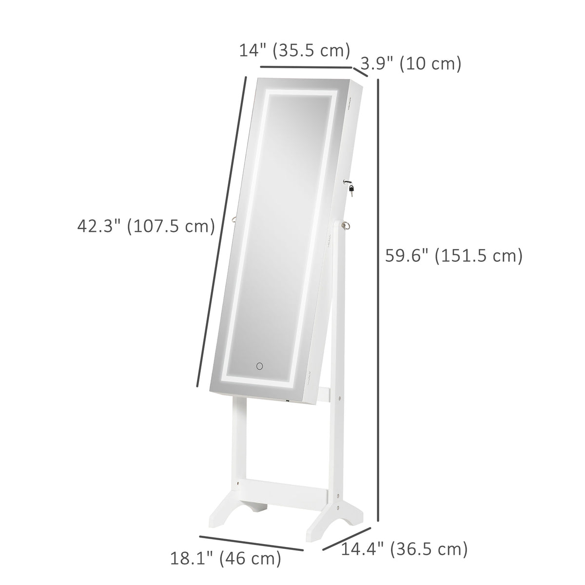 Standing jewelry armoire with mirror and LED lights