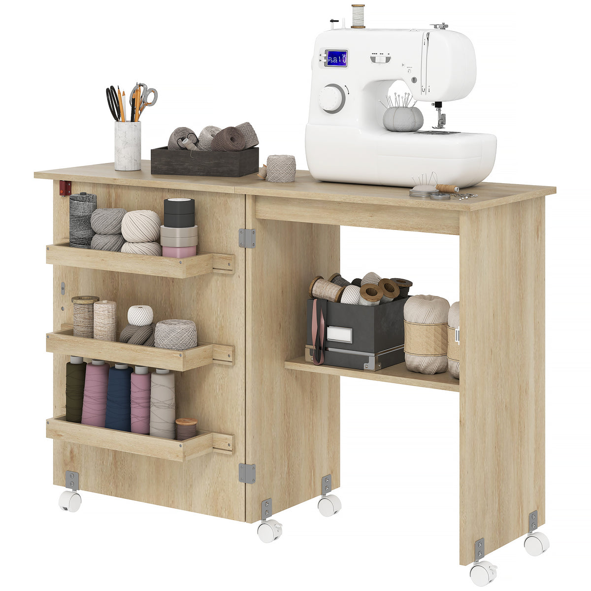 Folding Sewing Cabinet with Storage and Lockable Wheels