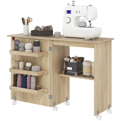 Folding Sewing Cabinet with Storage and Lockable Wheels