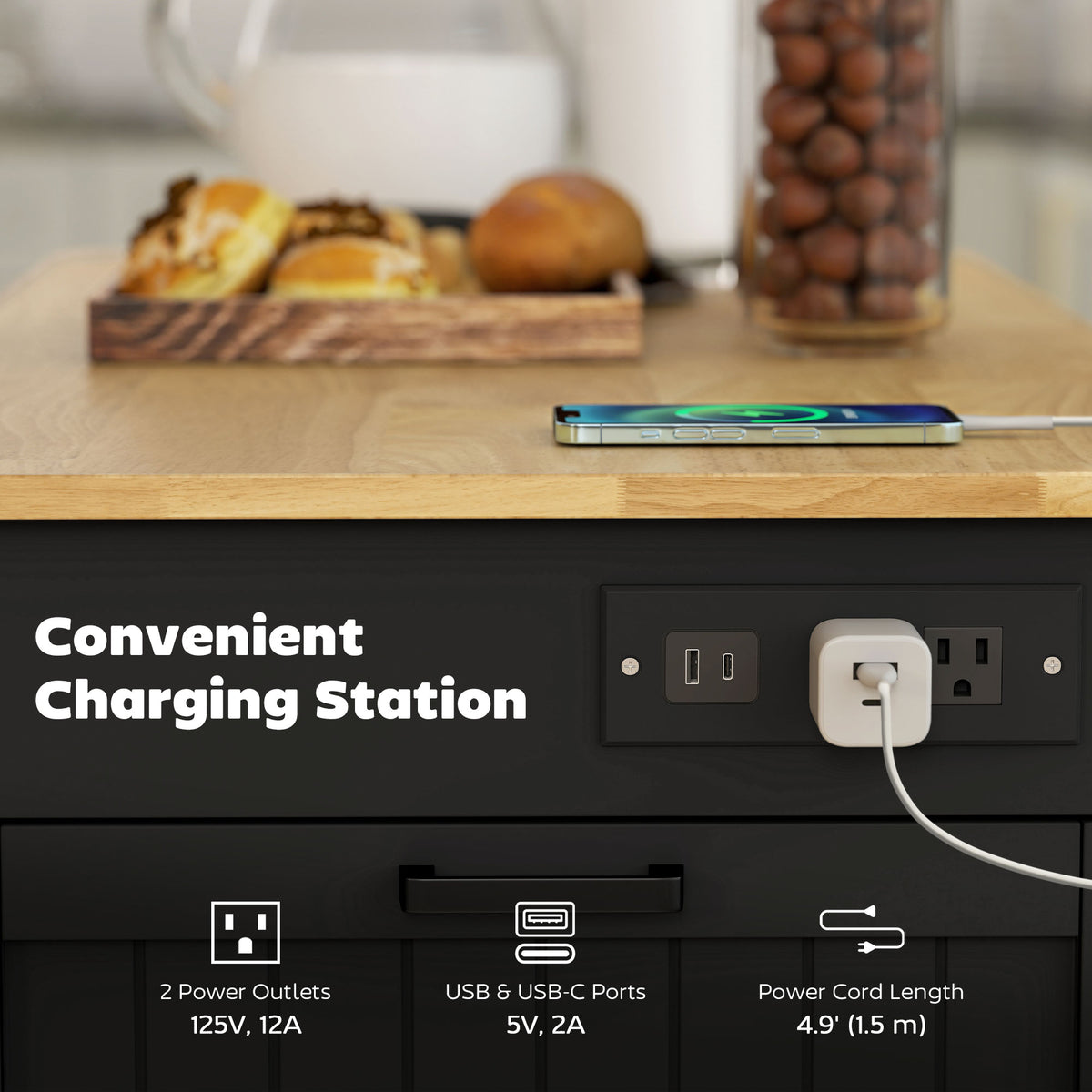 Portable kitchen island cart with charging station and drop leaf