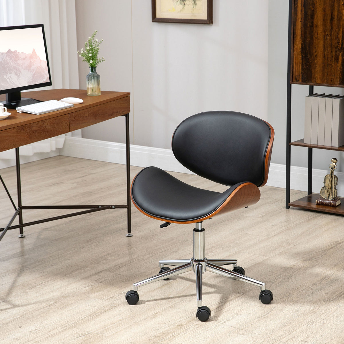 Swivel Office Chair Faux Leather and Bentwood