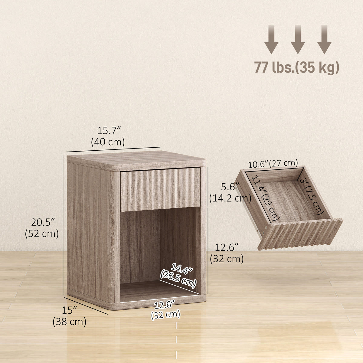Modern Nightstand Set of 2 with Fluted Drawer and Open Shelf