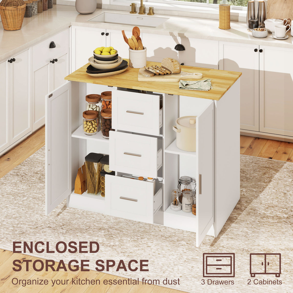 Kitchen island with storage and seating space