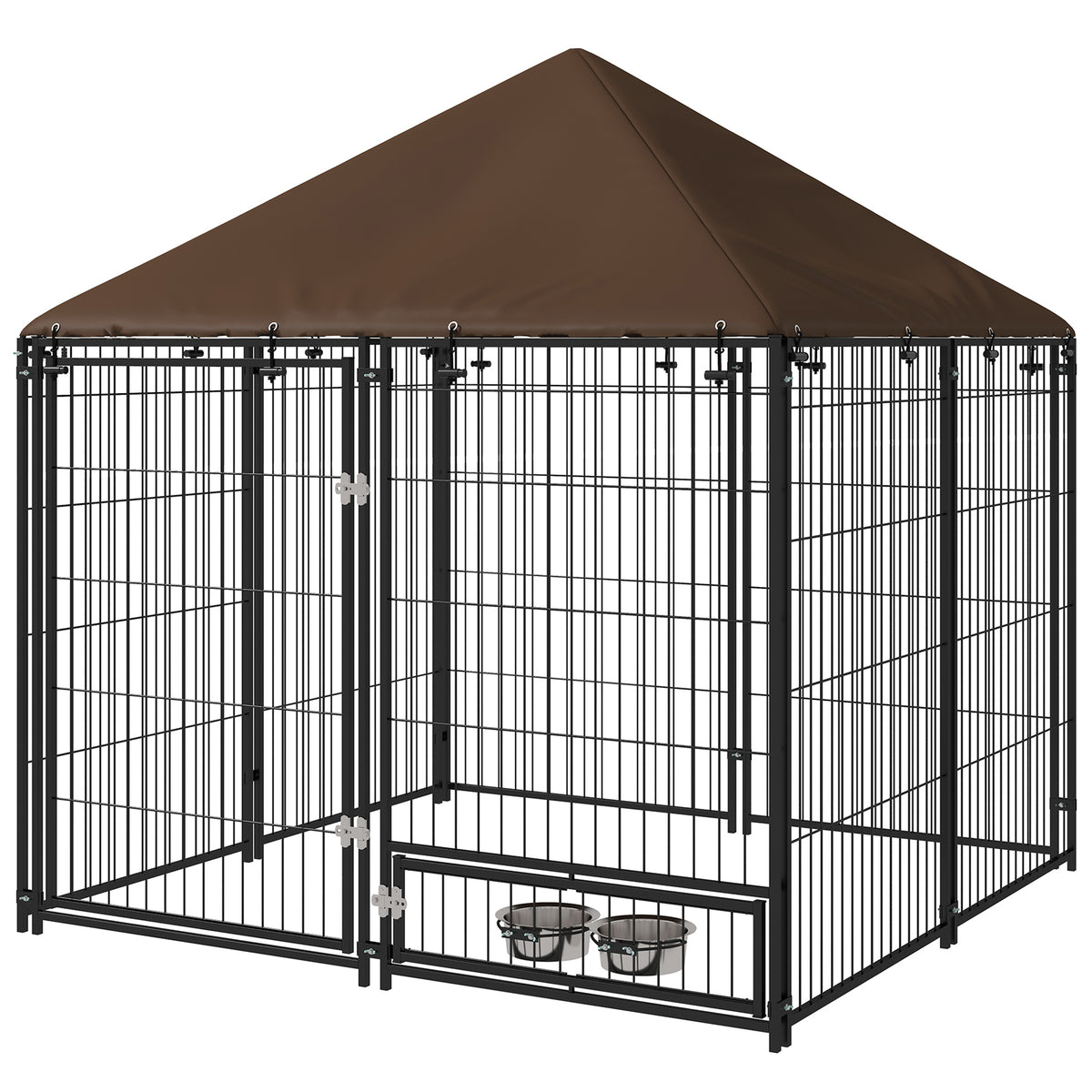 Corral exterior para perros con techo y bebederos giratorios