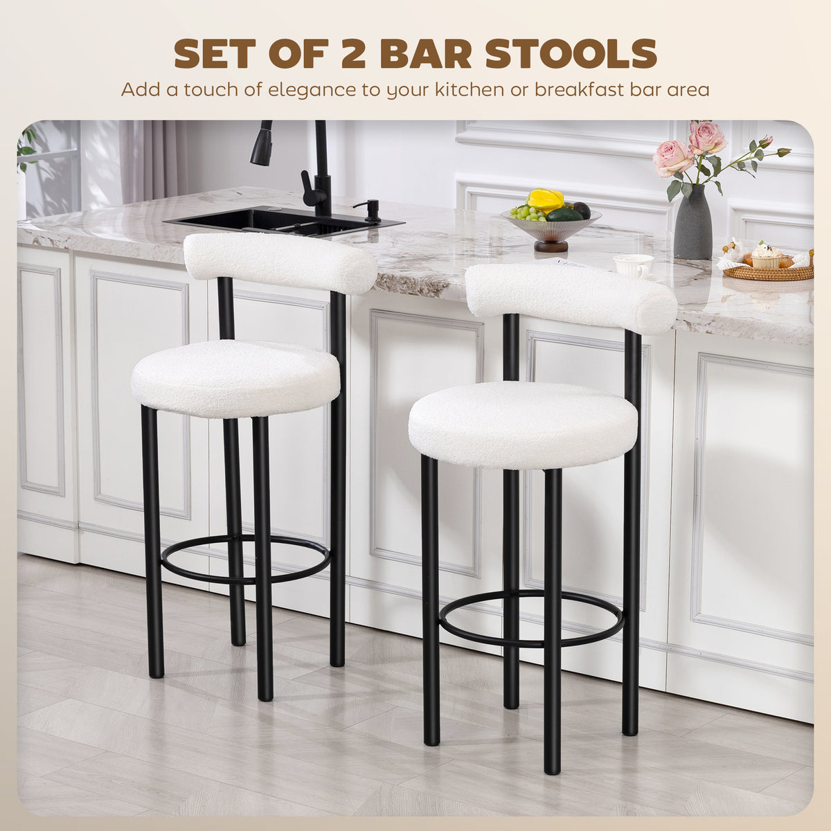 Bar stools sherpa upholstered with backrest set of 2