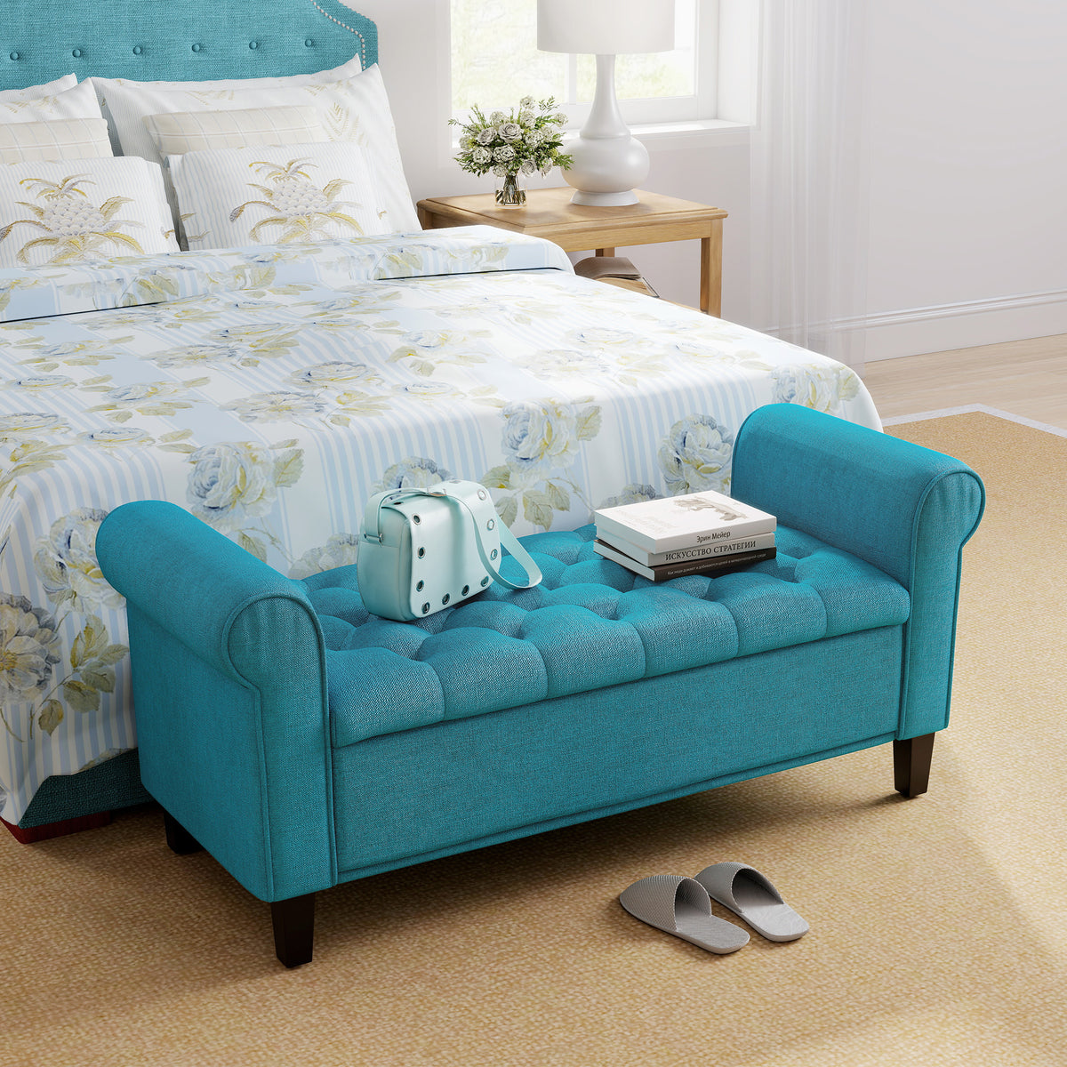 Tufted storage bench with rolled arms