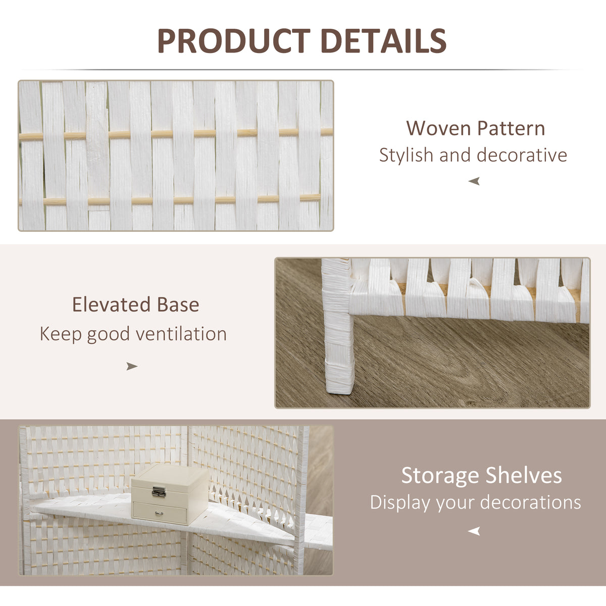 4-Panel Folding Room Divider with Shelves and Wood Frame