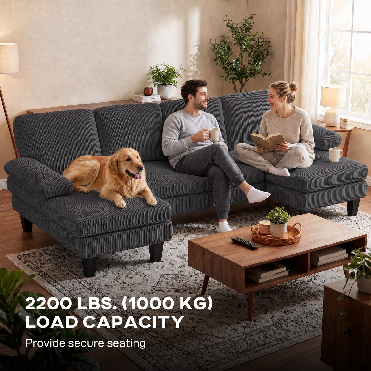 Sofá seccional en U con doble sillón de terciopelo de pana