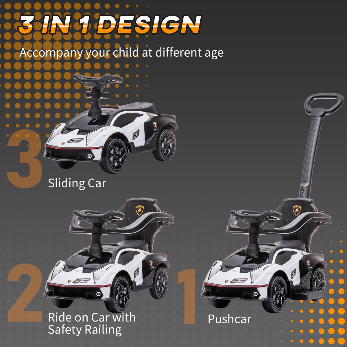 3-in-1 Toddler Push Ride-On Car with Horn and Safety Rails