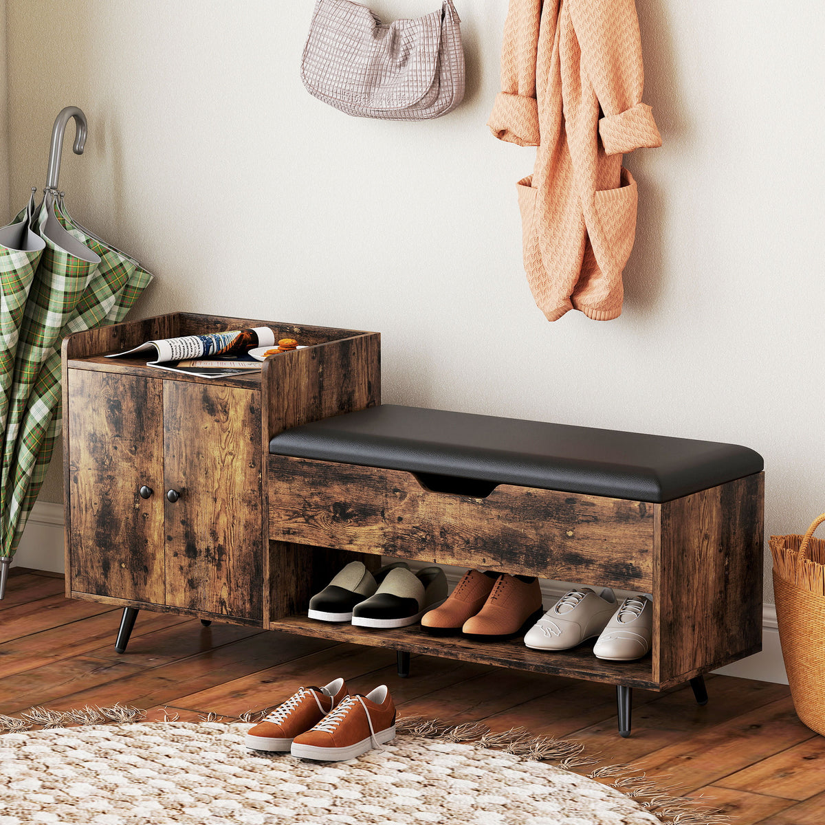 Industrial storage entryway bench