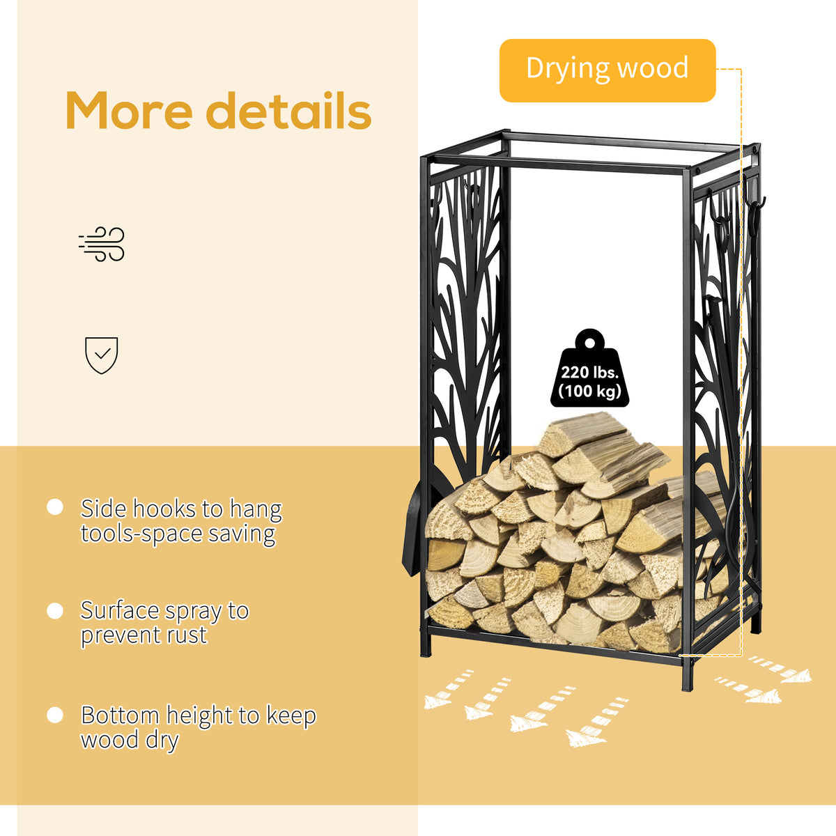 Firewood rack for fireplace with 4 tools 46 x 30 x 70 cm