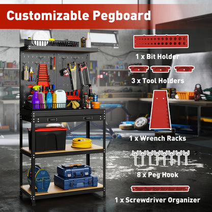 Heavy-duty steel workbench with pegboard and drawer