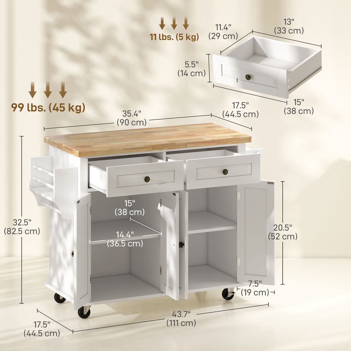 Rolling kitchen island with storage and wood top