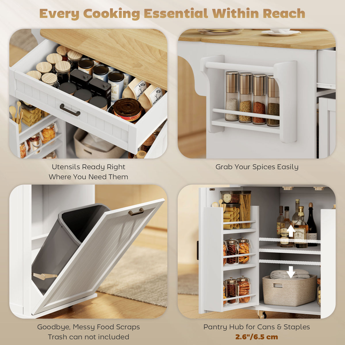 Portable kitchen island cart with charging station and drop leaf