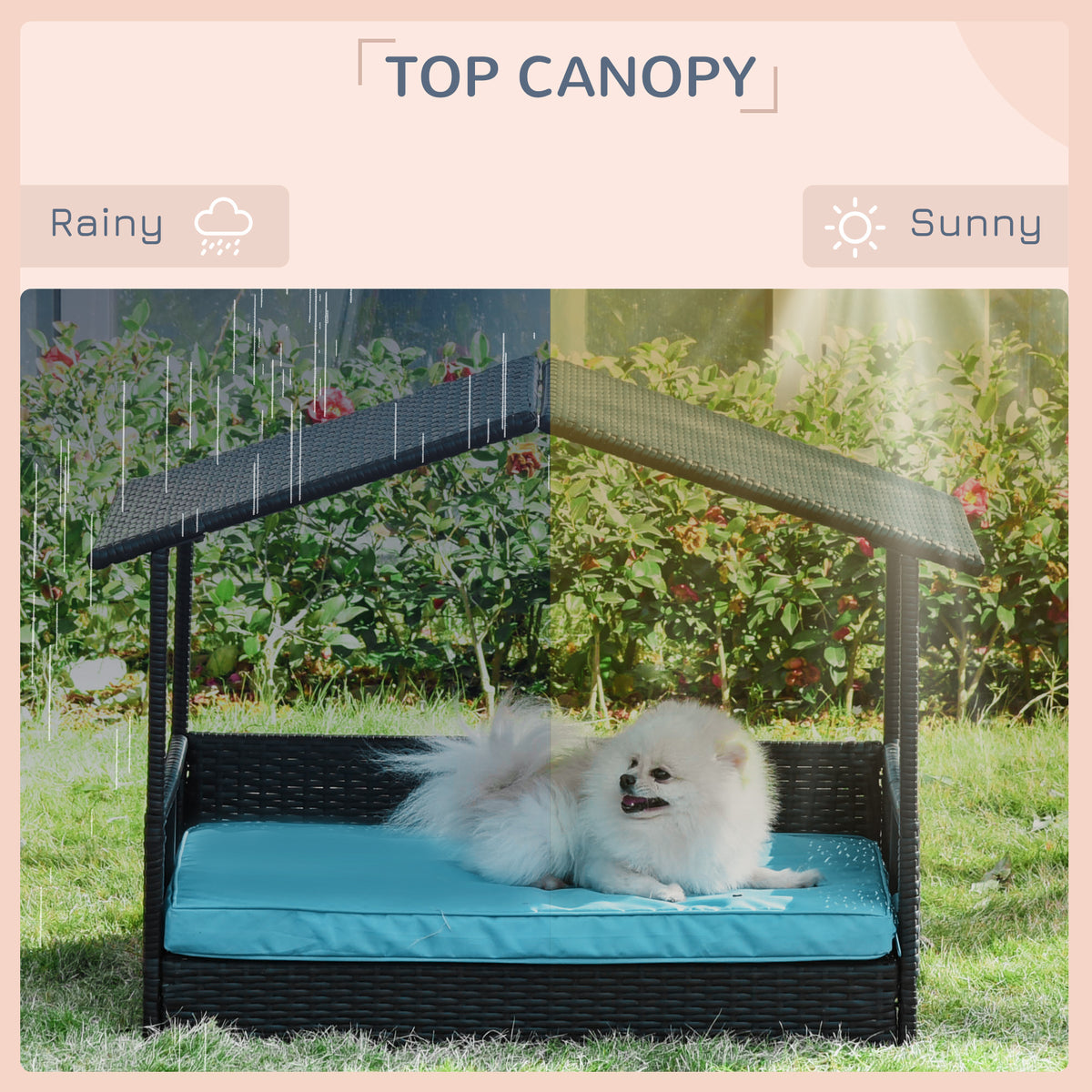 Elevated Rattan Dog House with Canopy Shelter