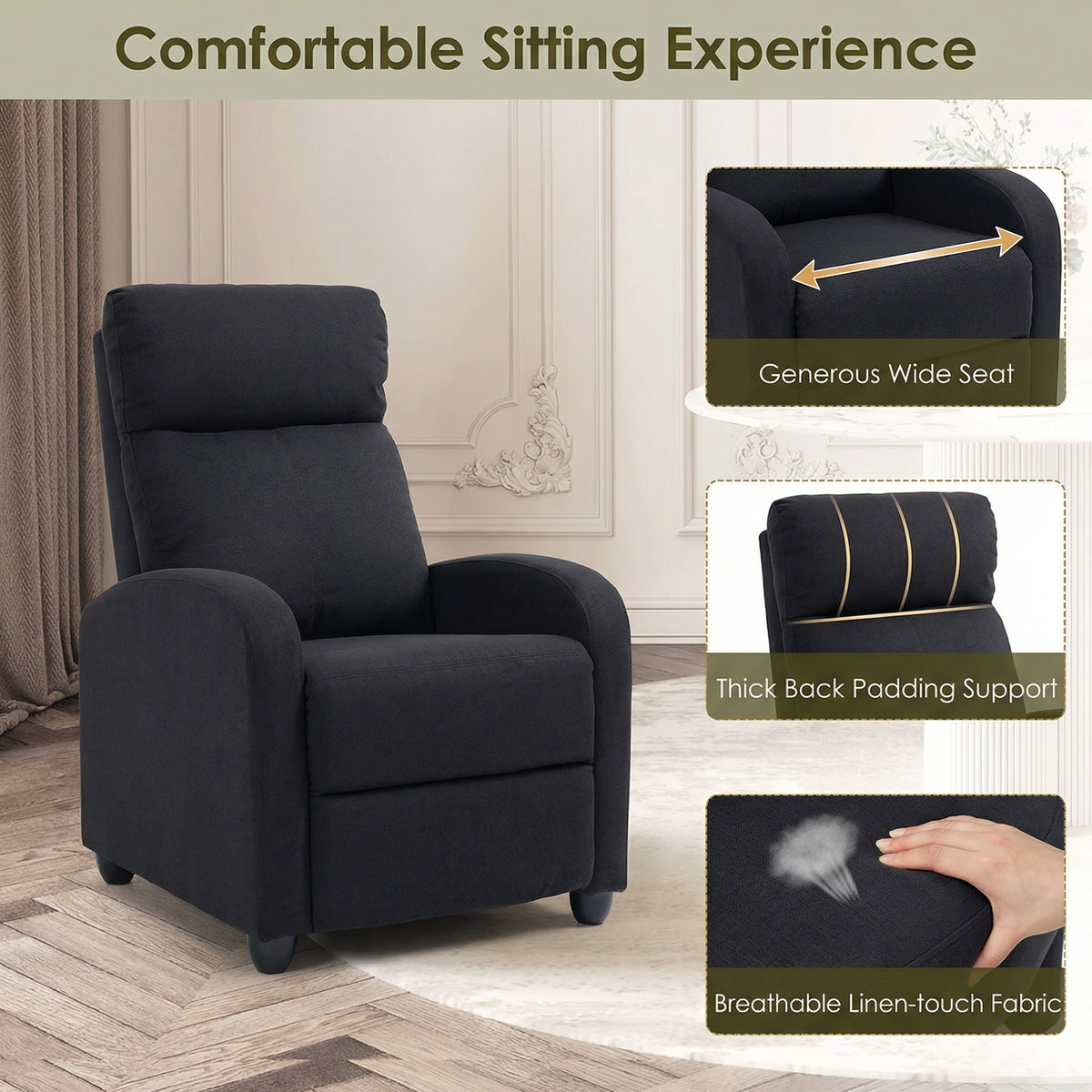 Manual reclining chair padded linen living room