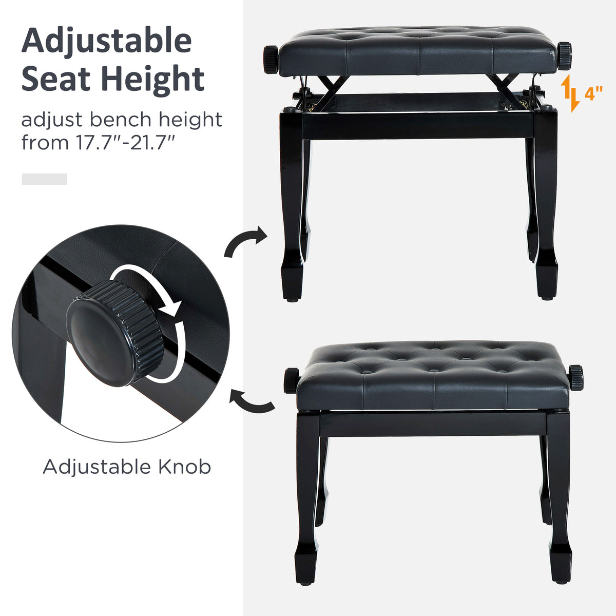 Adjustable Height Piano Bench with Padded Cushion