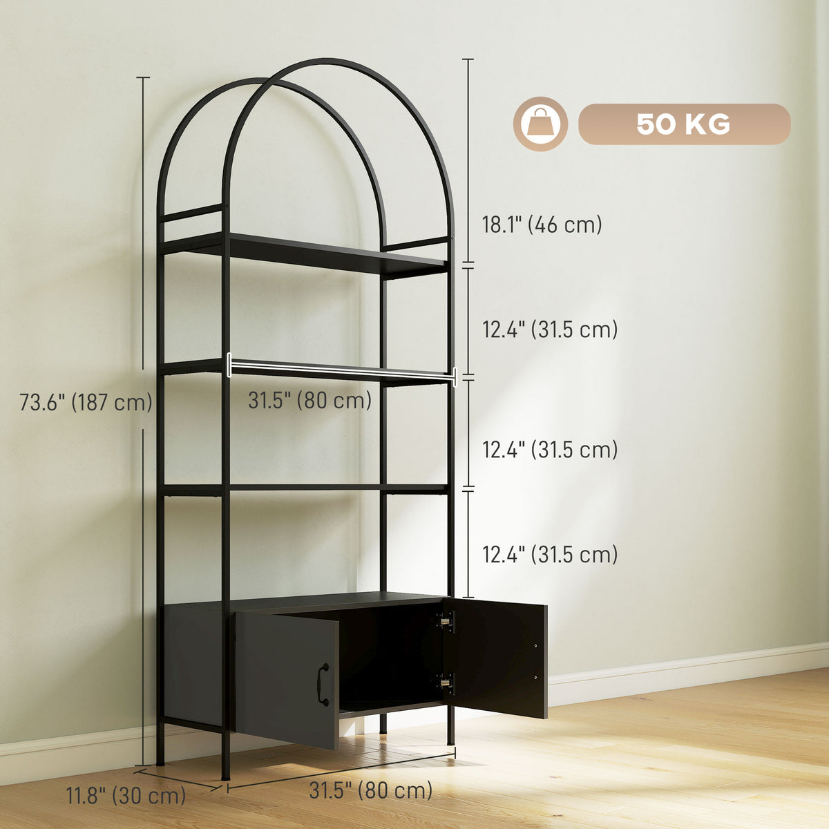 Librería arqueada de 4 niveles con mueble de almacenamiento