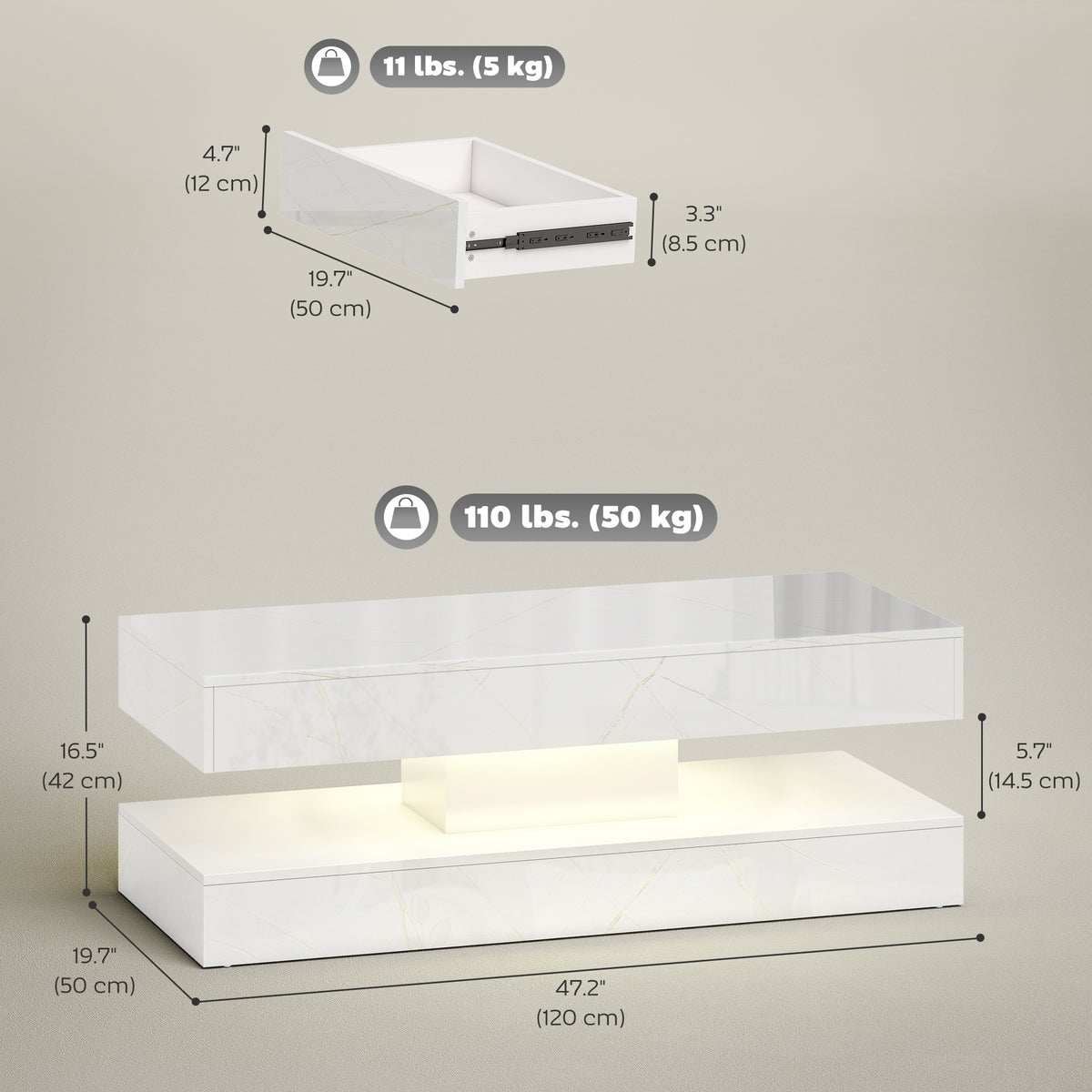 Coffee Table with Adjustable RGB LED Lighting