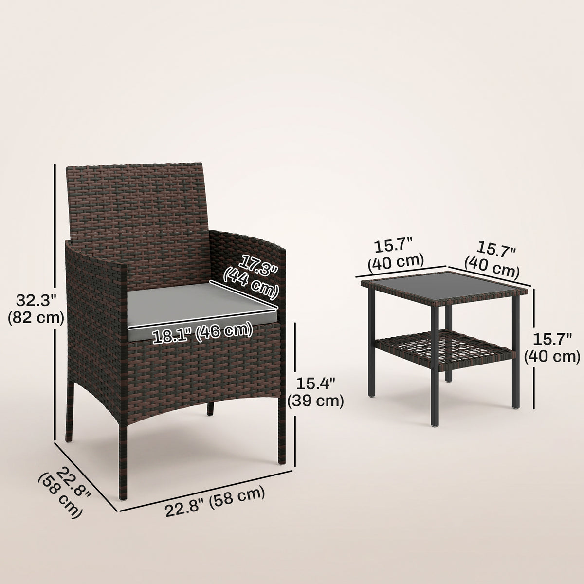 Bistro Set 3 Piece Wicker with Glass Table — Khaki