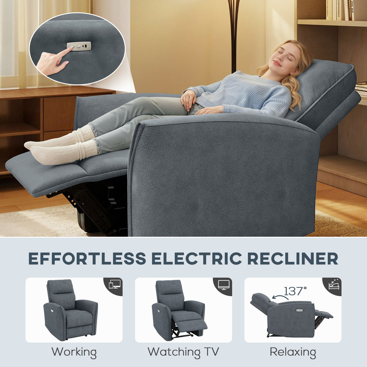 Sillón reclinable eléctrico de tejido similar al cuero