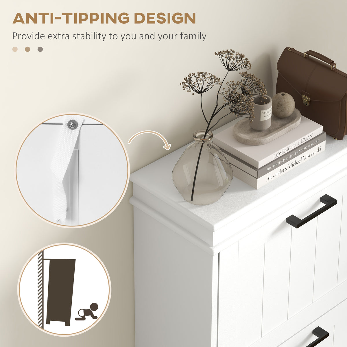 Narrow shoe cabinet with three flip drawers