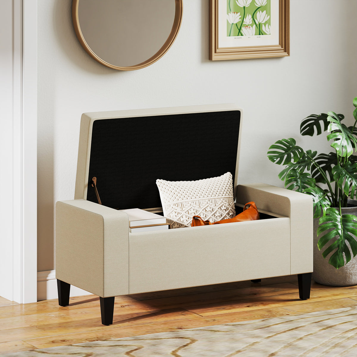 Tufted Linen Storage Ottoman Bench
