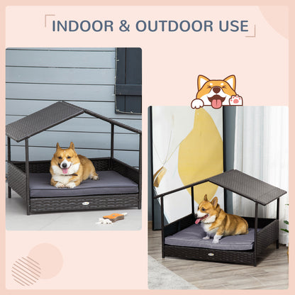 Elevated Rattan Dog House with Canopy Shelter