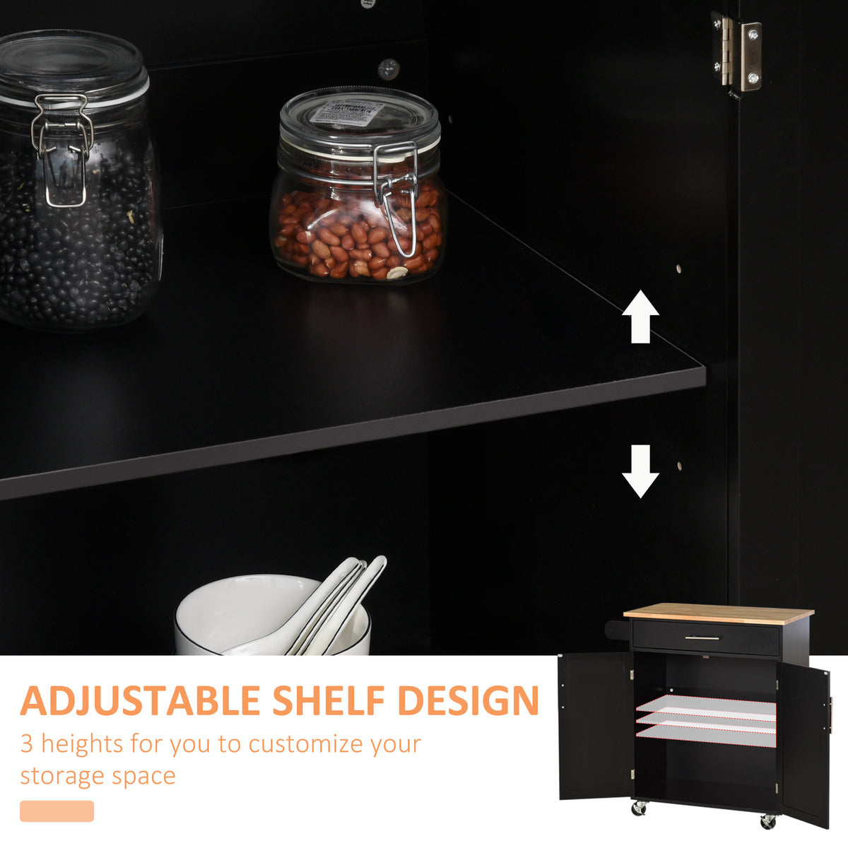 Rolling kitchen island cart with wood top and storage